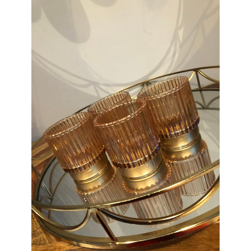 Set of 3 Amber Ribbed Glass Votive Candle Holders Gold Base Mid Century Modern - Picture 4 of 4